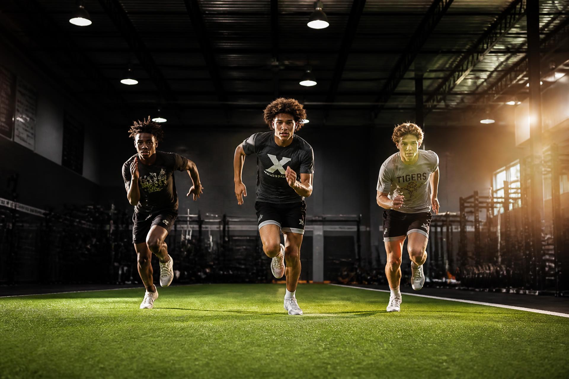 Young athletes sprinting on the turf during an ETHOS training session